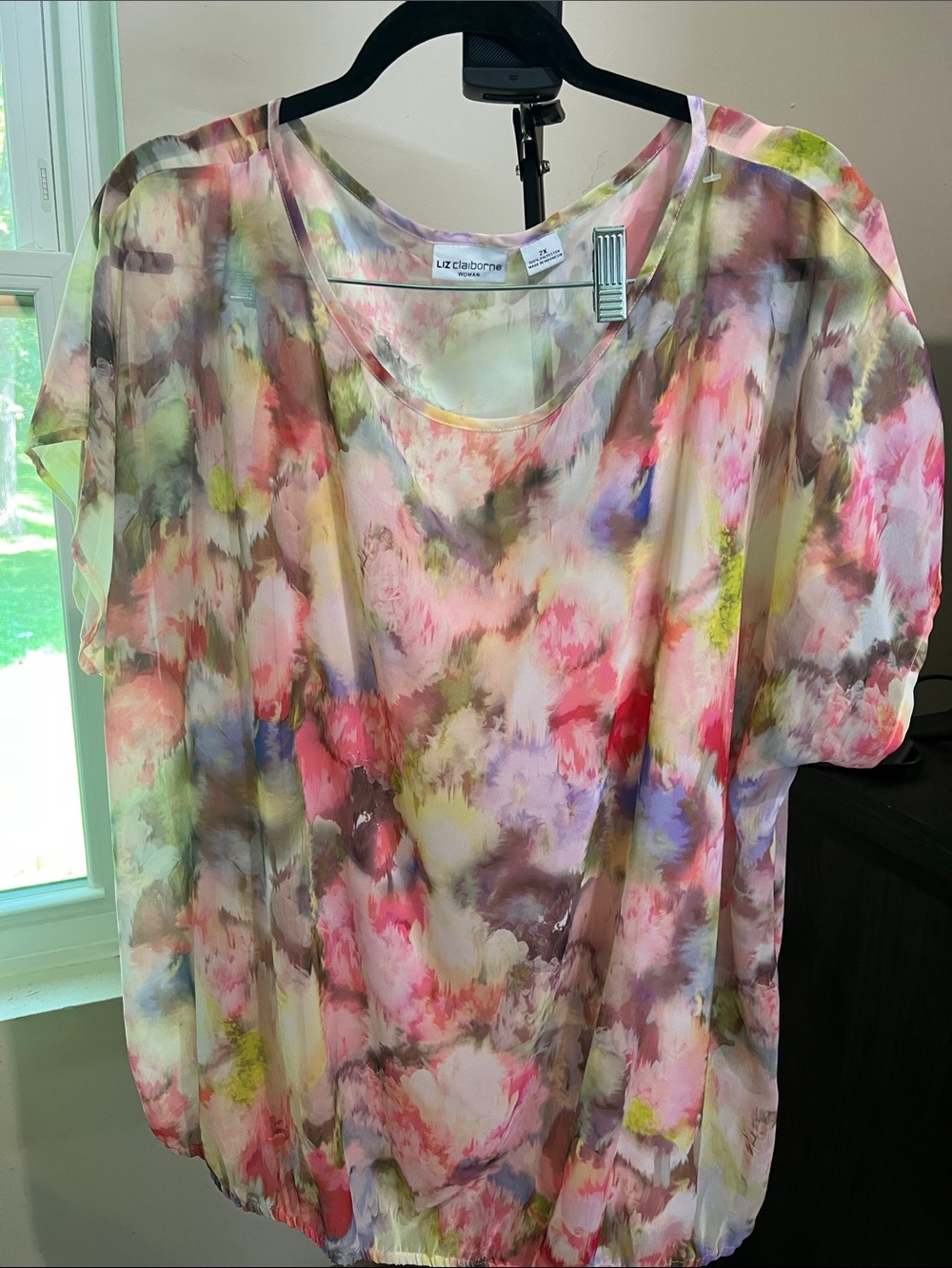 Liz Claiborne Floral Watercolor Short Sleeve Blouse - Pink, Green, Purple
